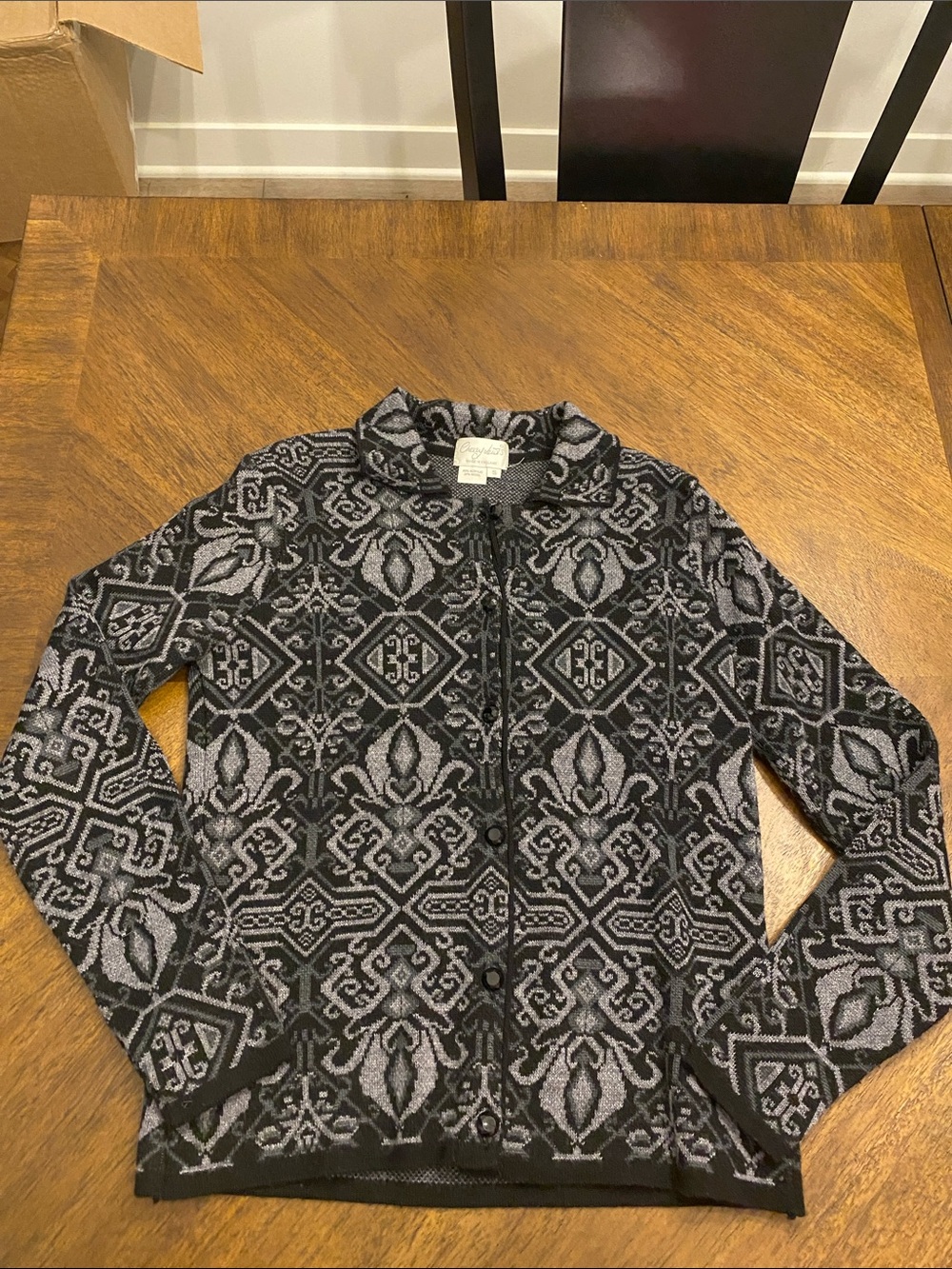 Women's Black & Gray Patterned Button Cardigan Sweater